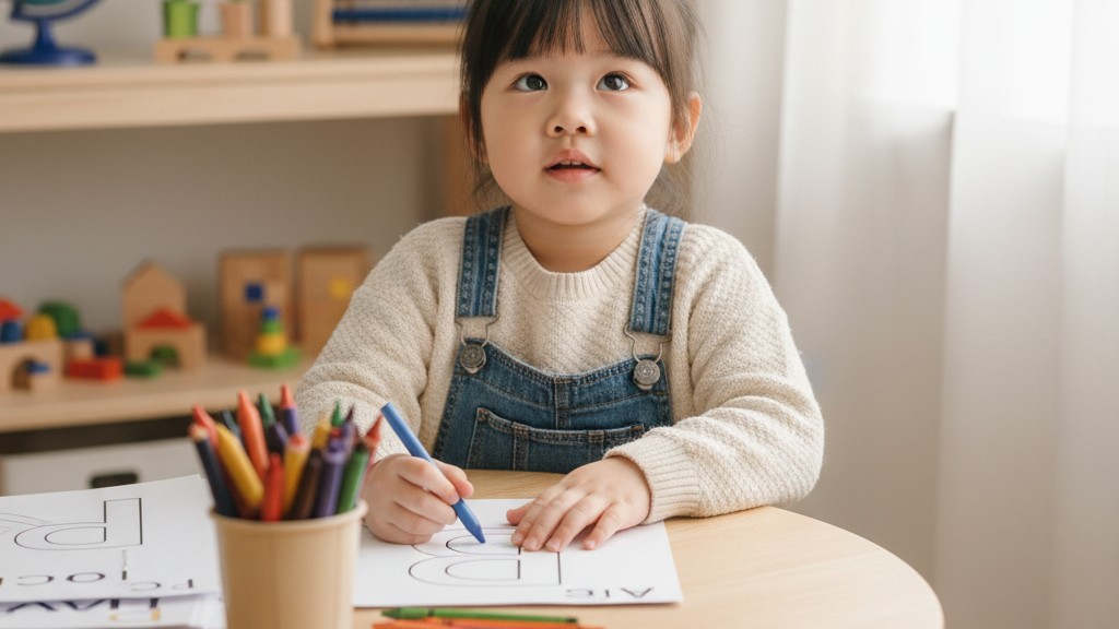Bé trai tập trung tô màu chữ cái, rèn luyện kỹ năng vận động tinh và sự kiên nhẫn.