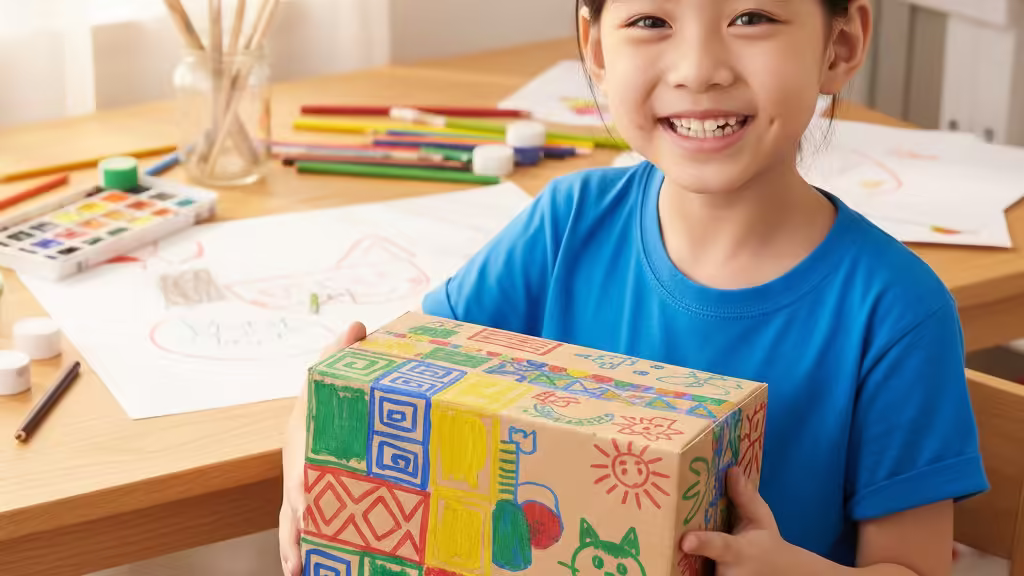 Bé trai đang dùng bút màu để trang trí hộp đựng bút, một hoạt động kết hợp tô màu và vẽ tự do.