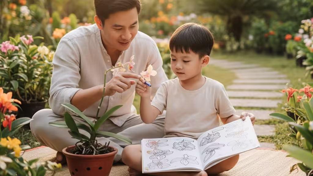 Bố và con trai cùng nhau khám phá thiên nhiên trong rừng, liên hệ thực tế với tranh tô màu cây xanh.