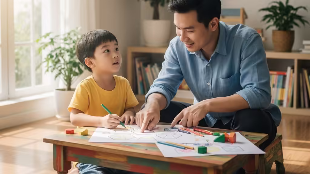 Cha và con trai cùng tô màu các hình khối toán học phức tạp, rèn luyện sự kiên nhẫn và tập trung.