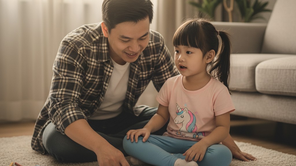 cha-con-dong-hanh-to-mau Cha và con gái tương tác khi tô màu, khuyến khích bé kể chuyện về tranh.