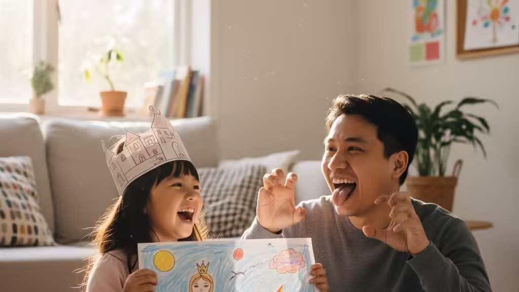 Cha và con gái vui vẻ đóng vai nhân vật từ tranh tô màu, phát triển kỹ năng giao tiếp.