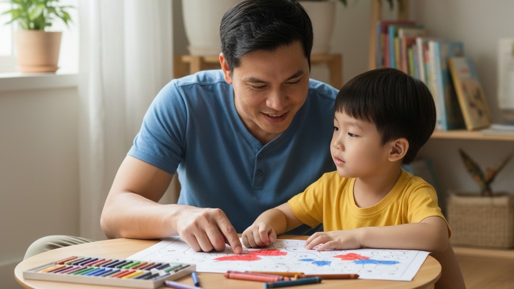 Kỹ Thuật Dạy Bé Tô Màu Theo Số: Hướng Dẫn A-Z & Lợi Ích Vàng 4 Cha hướng dẫn con trai nhận biết số và màu sắc khi tô màu, xây dựng nền tảng kiến thức ban đầu.
