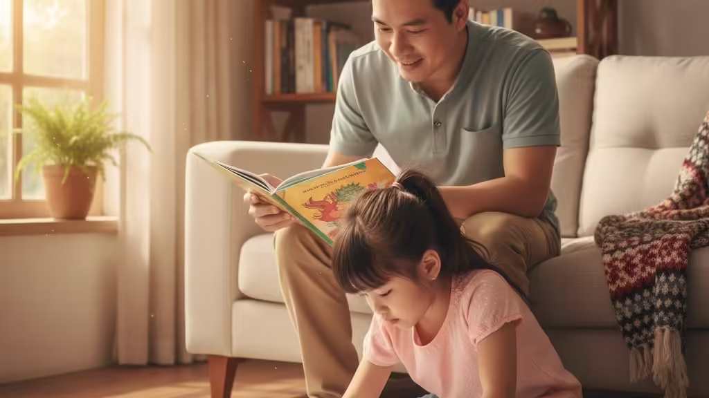 Cha đang kể chuyện cho bé gái, bé vừa nghe vừa vẽ và tô màu theo trí tưởng tượng.