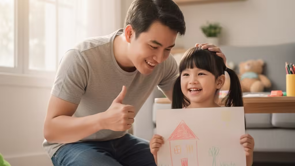cha-me-khen-ngoi-be-tang-cuong-tap-trung Cha mẹ khen ngợi nỗ lực của bé khi hoàn thành bài tô màu, khuyến khích tập trung.