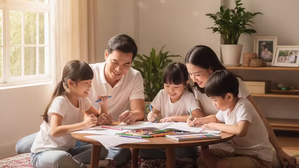 Gia đình cùng nhau tận hưởng trò chơi giáo dục tô màu, tạo không gian gắn kết và học hỏi cho bé.