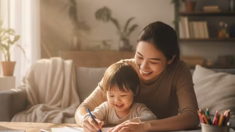 Gia đình hạnh phúc gồm bố mẹ và con gái cùng nhau tô màu trên sàn nhà, thể hiện sự gắn kết và vui vẻ.