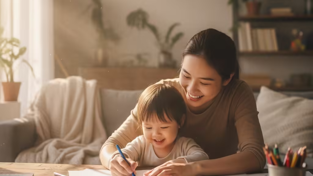 Gia đình hạnh phúc gồm bố mẹ và con gái cùng nhau tô màu trên sàn nhà, thể hiện sự gắn kết và vui vẻ.