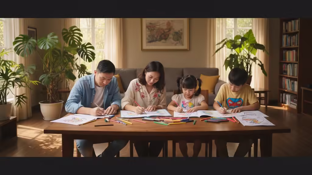 gia-dinh-cung-to-mau-thu-gian Cả gia đình cùng nhau tô màu mindfulness, tạo không gian thư giãn và gắn kết tình cảm.