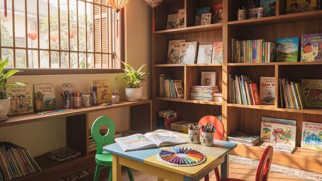 Một góc tô màu lý tưởng cho bé với bàn ghế, giấy và bút màu được sắp xếp gọn gàng, khơi nguồn sáng tạo.