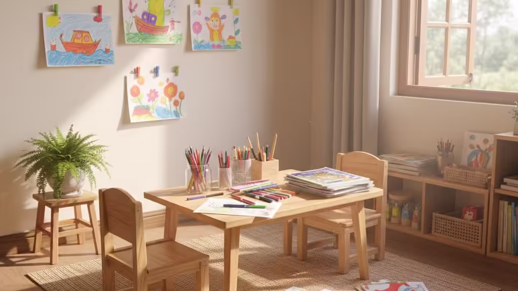 Góc tô màu sáng tạo tại nhà với đầy đủ dụng cụ như bút màu, giấy vẽ được sắp xếp gọn gàng, sẵn sàng cho cả gia đình.
