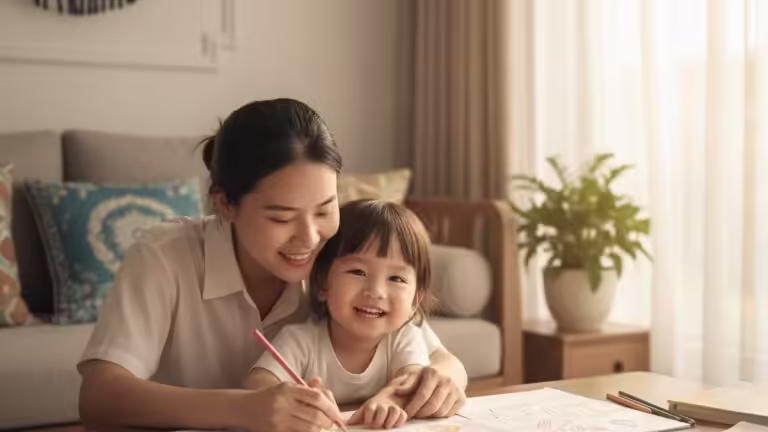 Mẹ và bé gái đang cùng nhau tô màu, khắc phục lỗi khi tô màu và áp dụng mẹo dạy bé hiệu quả.