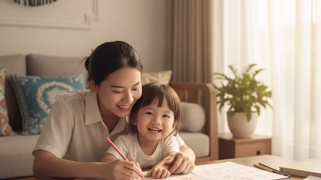Mẹ và bé gái đang cùng nhau tô màu, khắc phục lỗi khi tô màu và áp dụng mẹo dạy bé hiệu quả.