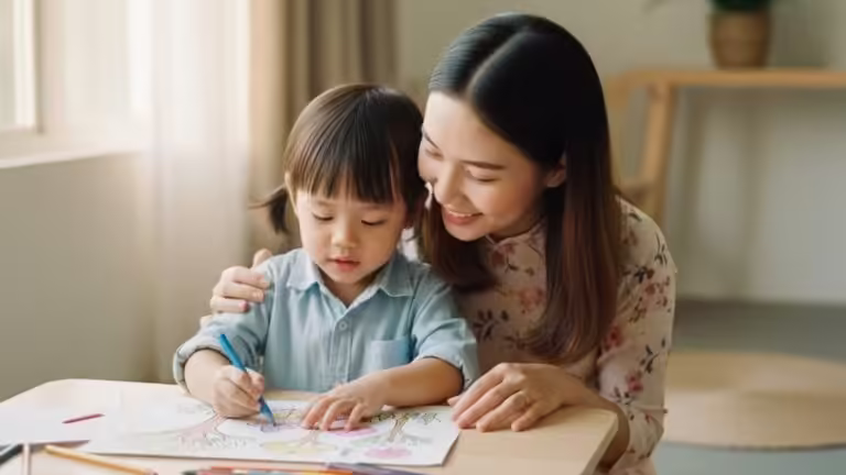 Bé gái và mẹ cùng tô màu tranh thiên nhiên, gắn kết tình cảm gia đình.