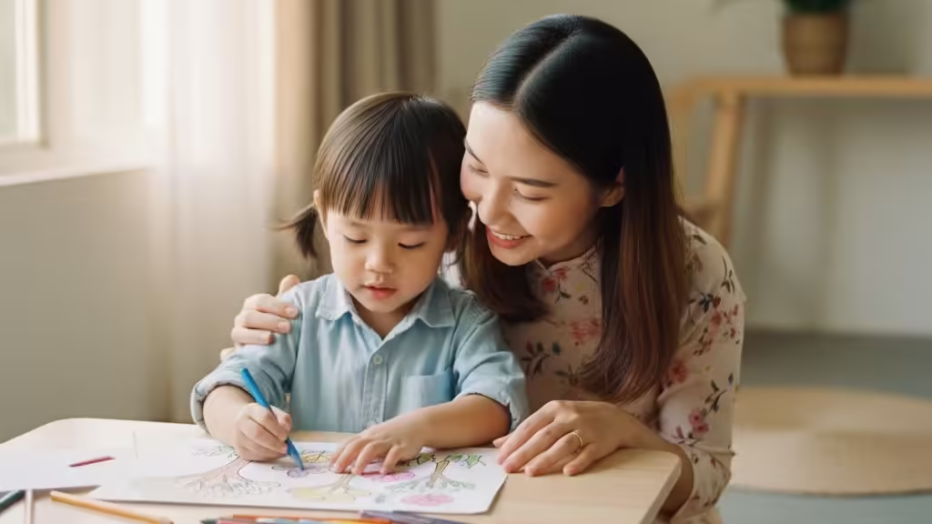 Bé gái và mẹ cùng tô màu tranh thiên nhiên, gắn kết tình cảm gia đình.