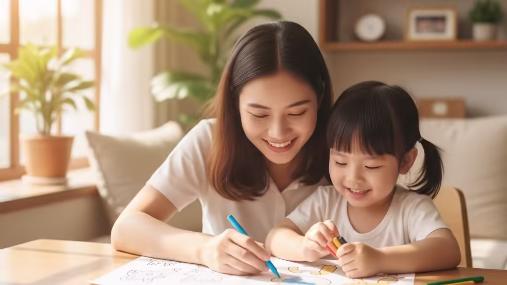 Mẹ đang hướng dẫn và khích lệ bé gái tô màu, giúp con rèn luyện tính kiên nhẫn và hoàn thành tác phẩm.