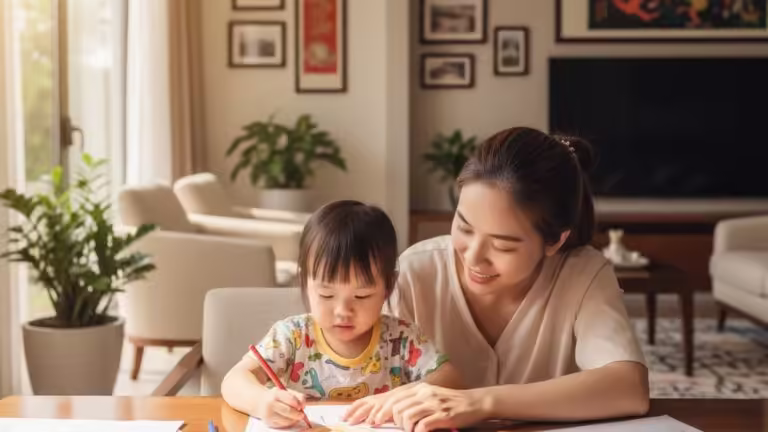 Mẹ và bé gái cùng tô màu tranh hoạt hình, tạo khoảnh khắc gắn kết gia đình.