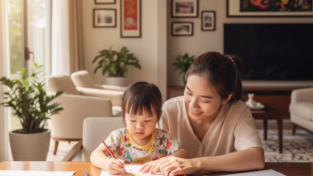 Mẹ và bé gái cùng tô màu tranh hoạt hình, tạo khoảnh khắc gắn kết gia đình.