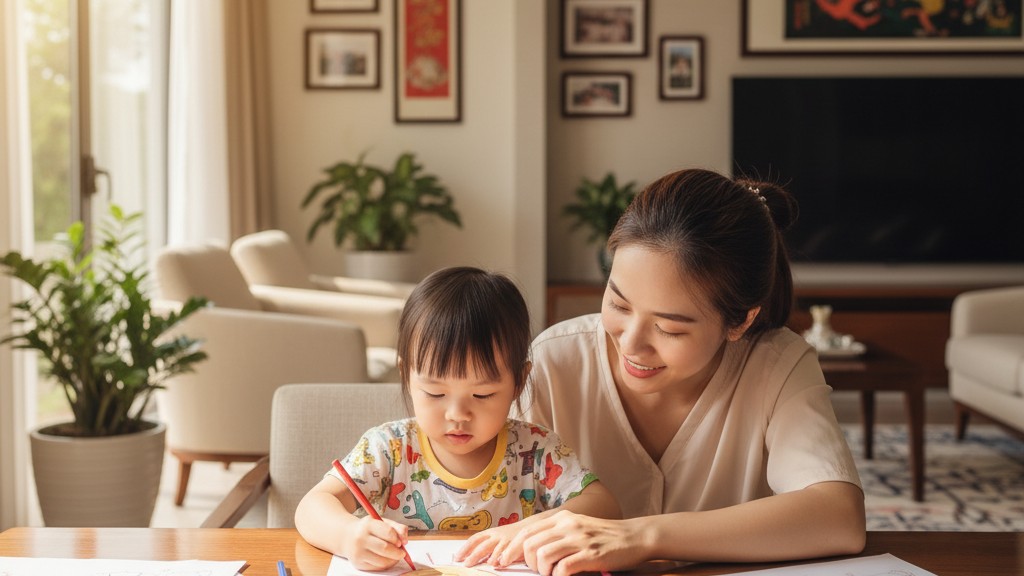 Mẹ và bé gái cùng tô màu tranh hoạt hình, tạo khoảnh khắc gắn kết gia đình.