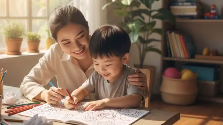Mẹ và bé gái ngồi tô màu tranh phức tạp, mẹ kiên nhẫn hướng dẫn bé.