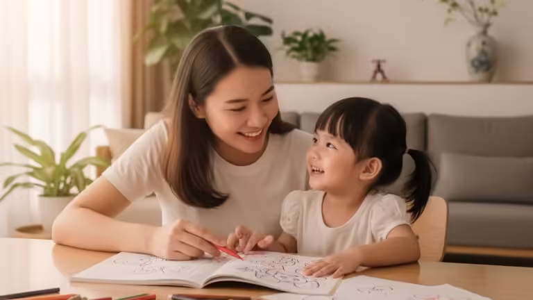 Mẹ và bé gái đang say sưa tô màu, cùng nhau khám phá những mẹo dạy bé để bé tô màu hứng thú hơn.