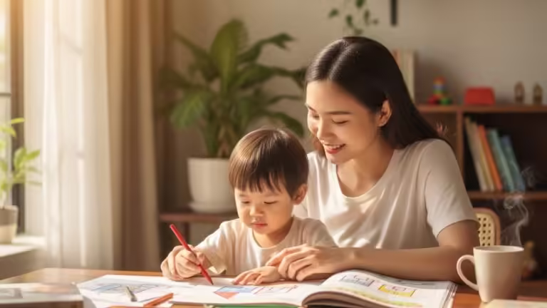 Bé gái và mẹ đang say sưa học màu sắc qua tranh tô màu, không khí ấm cúng.