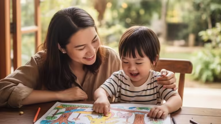 Mẹ và bé gái cùng nhau kể chuyện qua tranh tô màu đầy hứng thú, kích thích trí tưởng tượng.