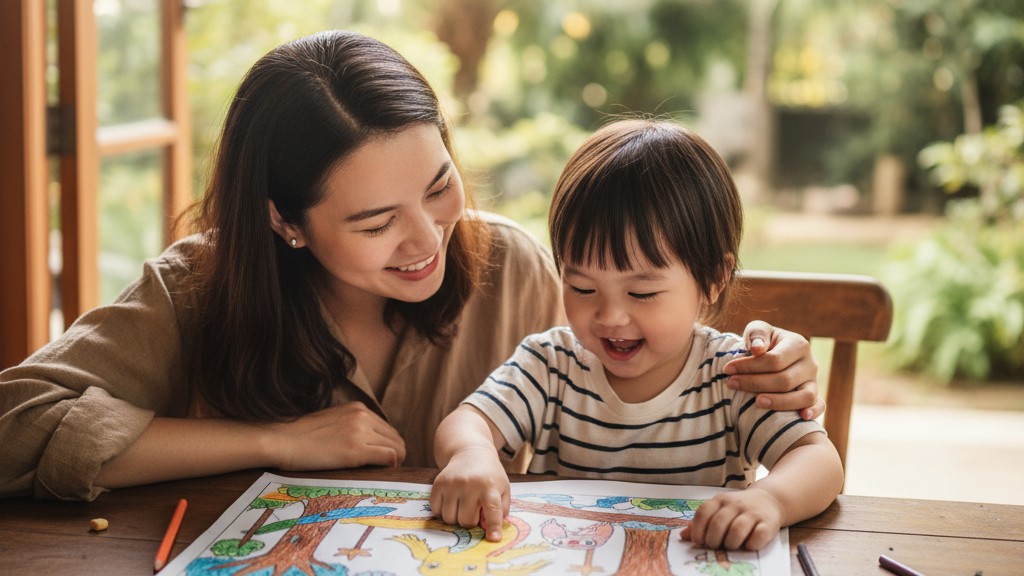 Mẹ và bé gái cùng nhau kể chuyện qua tranh tô màu đầy hứng thú, kích thích trí tưởng tượng.