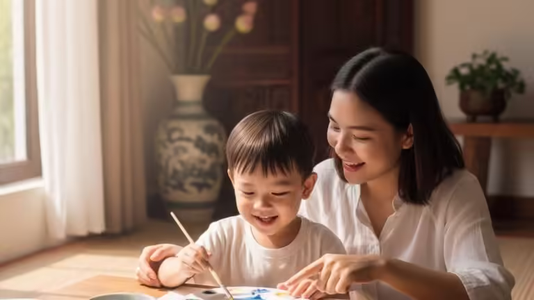 Mẹ và bé vui vẻ cùng nhau học cách phối màu sáng tạo trên bảng màu nước