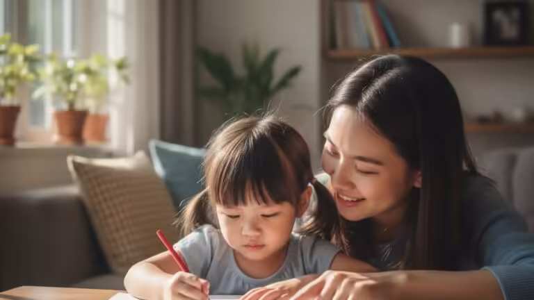 Mẹ và bé gái cùng tô màu, rèn luyện tập trung và gắn kết gia đình.