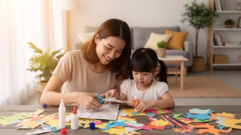 Mẹ và bé cùng nhau tái chế tranh tô màu cũ thành đồ chơi sáng tạo, gắn kết tình cảm gia đình.