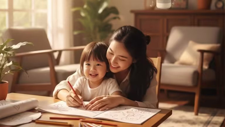 Mẹ và bé gái cùng tô màu và nghe nhạc thư giãn, tăng sự tập trung.
