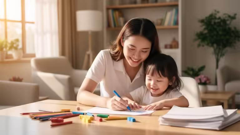 Mẹ và bé gái vui vẻ tô màu với bút màu an toàn, giấy tô màu trên bàn gỗ sáng sủa.