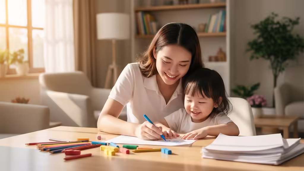 Mẹ và bé gái vui vẻ tô màu với bút màu an toàn, giấy tô màu trên bàn gỗ sáng sủa.