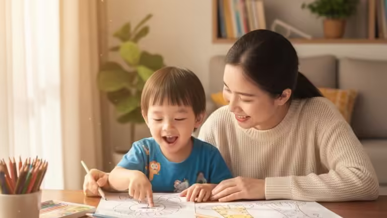 Mẹ và bé gái vui vẻ tô màu tranh chủ đề động vật, khám phá thế giới tự nhiên đầy màu sắc.