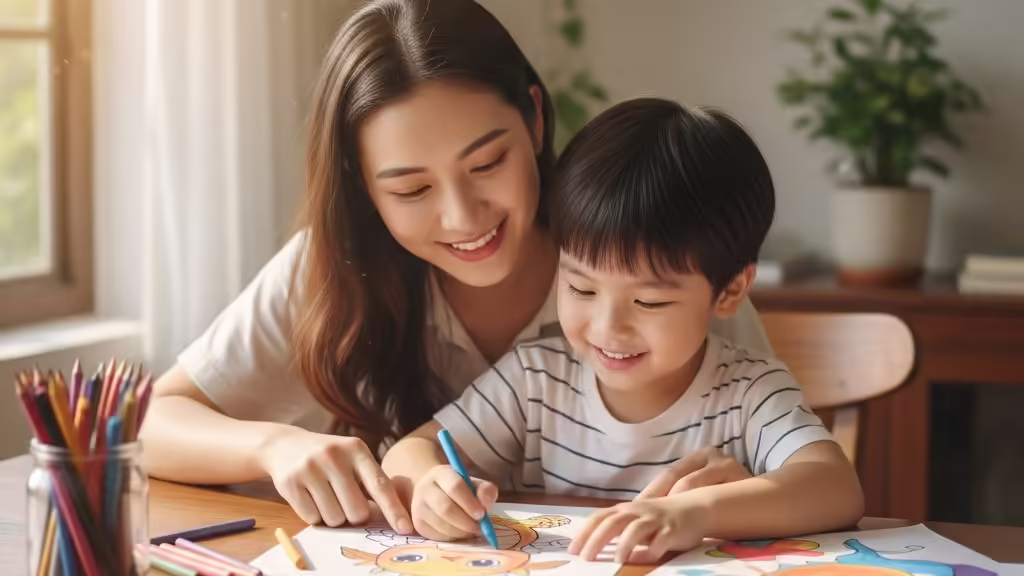 Bé gái vui vẻ tô màu nhân vật hoạt hình cùng mẹ, phát triển khả năng sáng tạo.