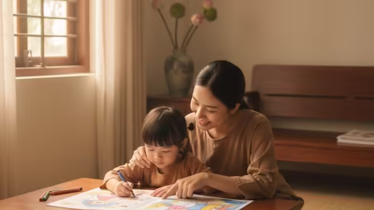 Mẹ và bé cùng tô màu và kể chuyện, phát triển giáo dục sáng tạo trong không gian ấm cúng.
