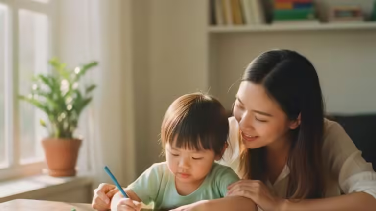 Mẹ và bé tập trung tô màu mindfulness, thư giãn cùng nhau trong không gian ấm áp.