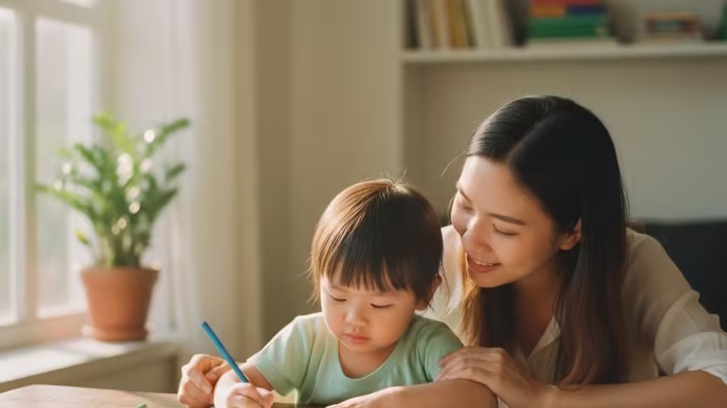 Mẹ và bé tập trung tô màu mindfulness, thư giãn cùng nhau trong không gian ấm áp.