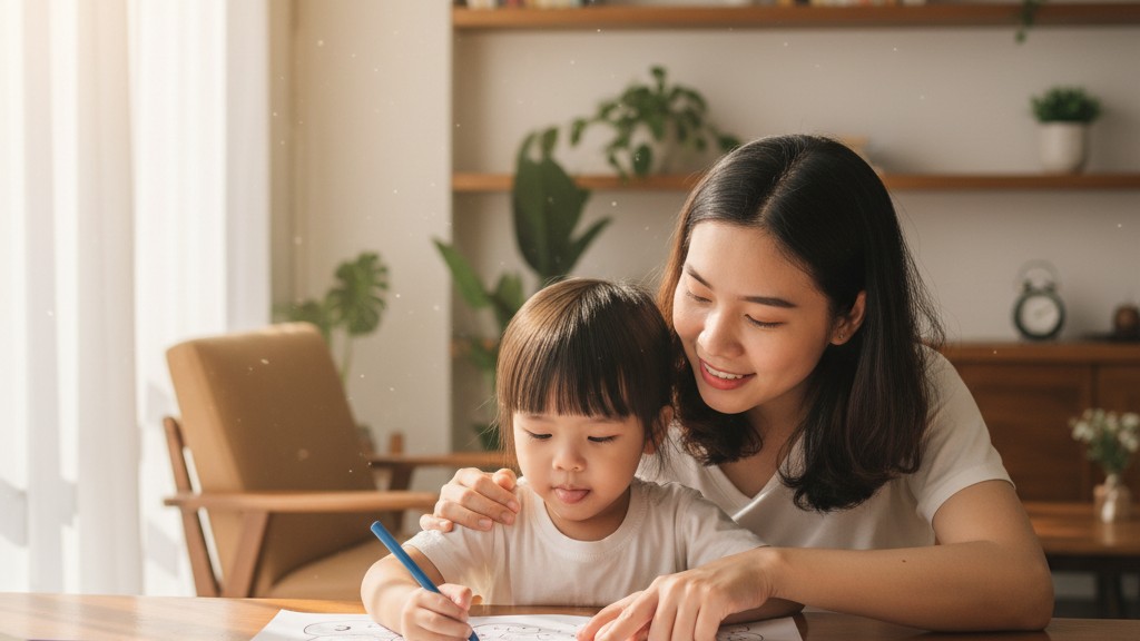 Kỹ Thuật Dạy Bé Tô Màu Theo Số: Hướng Dẫn A-Z & Lợi Ích Vàng 2 Mẹ và bé gái vui vẻ cùng nhau tô màu theo số, rèn luyện sự tập trung và nhận biết con số.