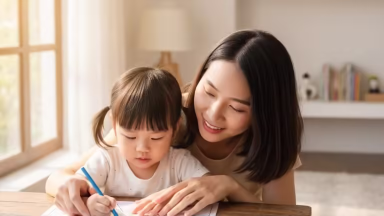 Mẹ và bé gái cùng nhau tô màu tranh hình học khối vuông, tròn, tam giác để học toán.