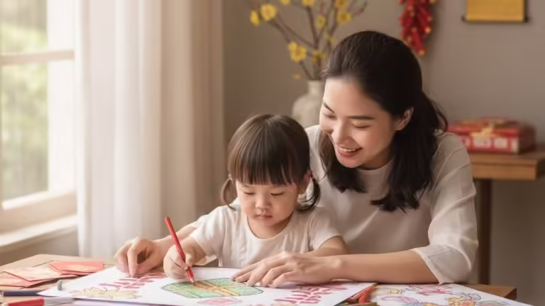 Mẹ và bé gái cùng tô màu tranh lễ hội Tết Nguyên Đán, không khí gia đình ấm cúng.