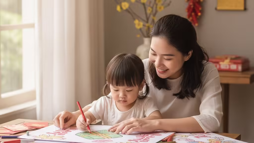 Mẹ và bé gái cùng tô màu tranh lễ hội Tết Nguyên Đán, không khí gia đình ấm cúng.