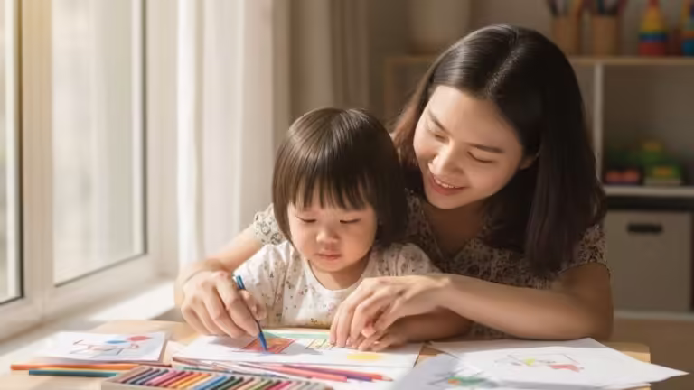 Mẹ và bé cùng nhau tô màu và vẽ tự do, thể hiện niềm vui sáng tạo và gắn kết gia đình.
