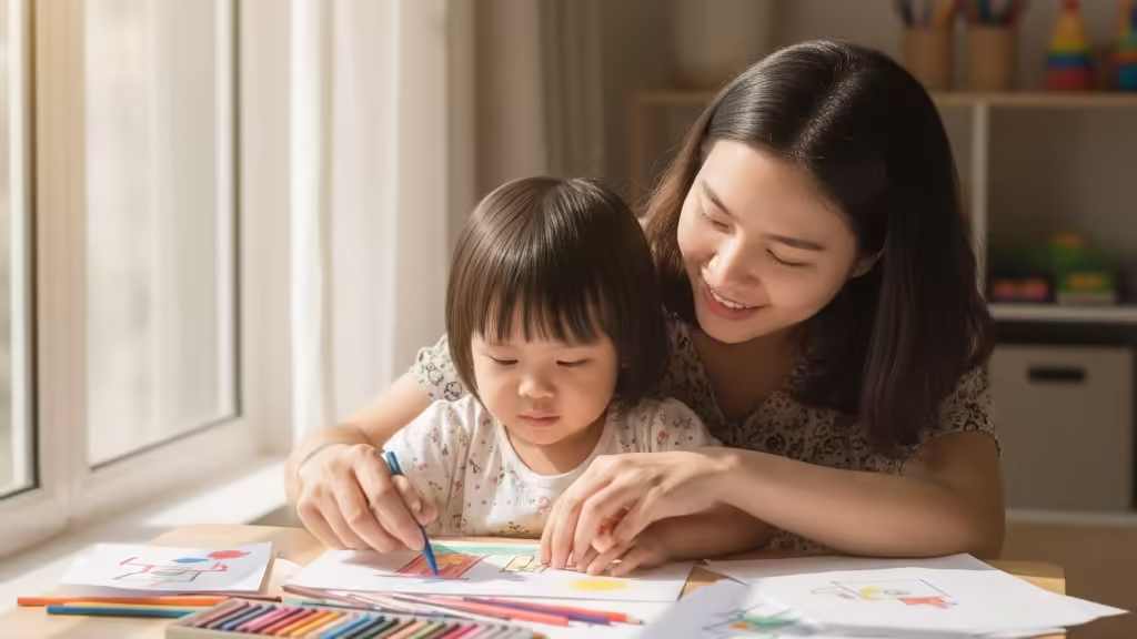 Mẹ và bé cùng nhau tô màu và vẽ tự do, thể hiện niềm vui sáng tạo và gắn kết gia đình.