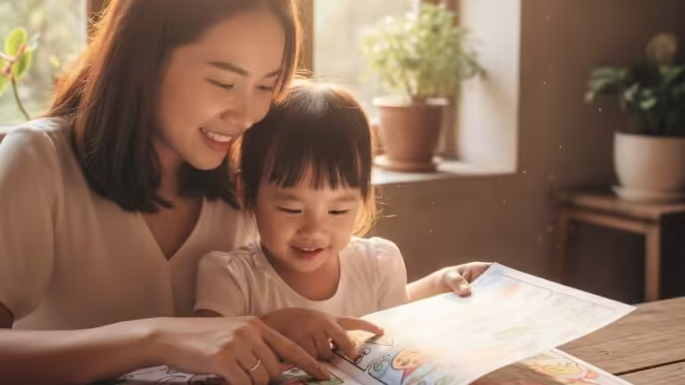Mẹ và bé gái cùng nhau xem album tranh tô màu, một kho báu lưu giữ kỷ niệm tuổi thơ.