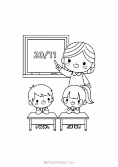 Tranh tô màu 20/11 cô giáo và học sinh tặng hoa.