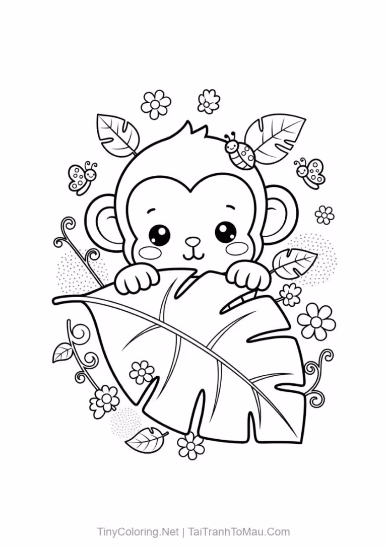 Tranh tô màu con khỉ dễ thương đang vẫy tay.