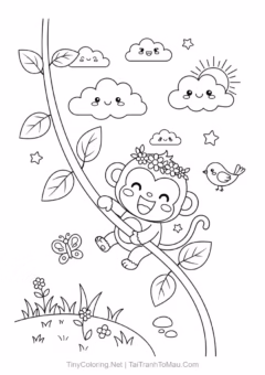 Tranh Tô Màu Con Khỉ Cute – con khỉ sinh động.