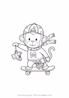 Funny monkey coloring page waving hello for kids to practice coloring